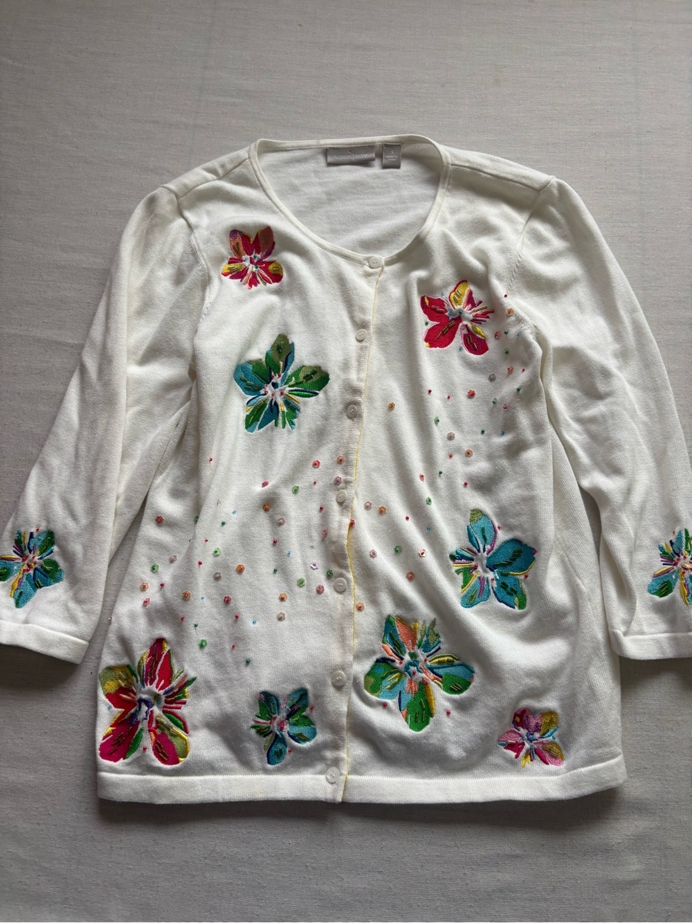 Nordstrom 100% Cotton Floral Embroidered Cardigan White Size S Cottagecore Knit